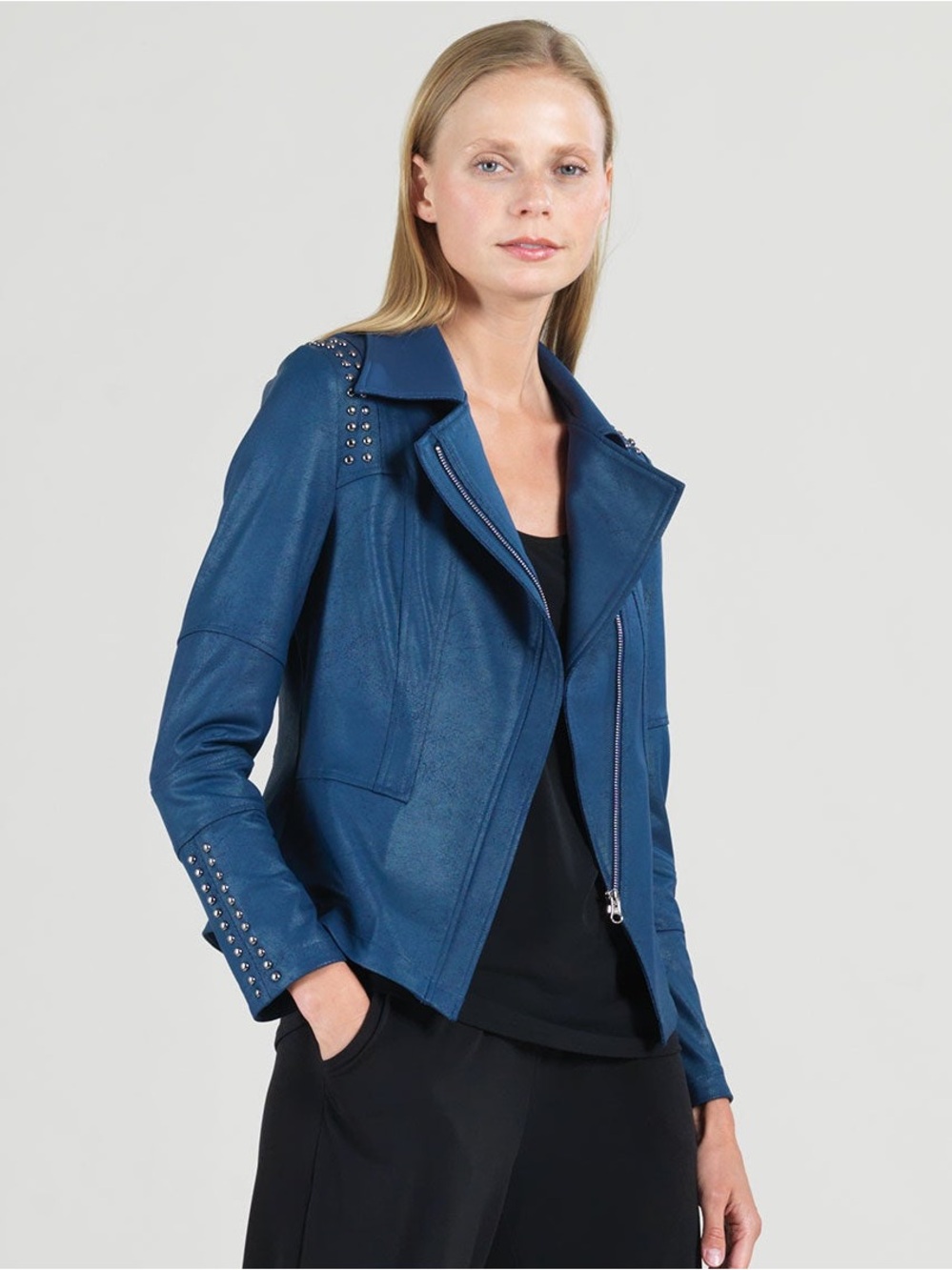 Clara Sunwoo Studded Liquid Leather Moto Jacket XS Navy Rare